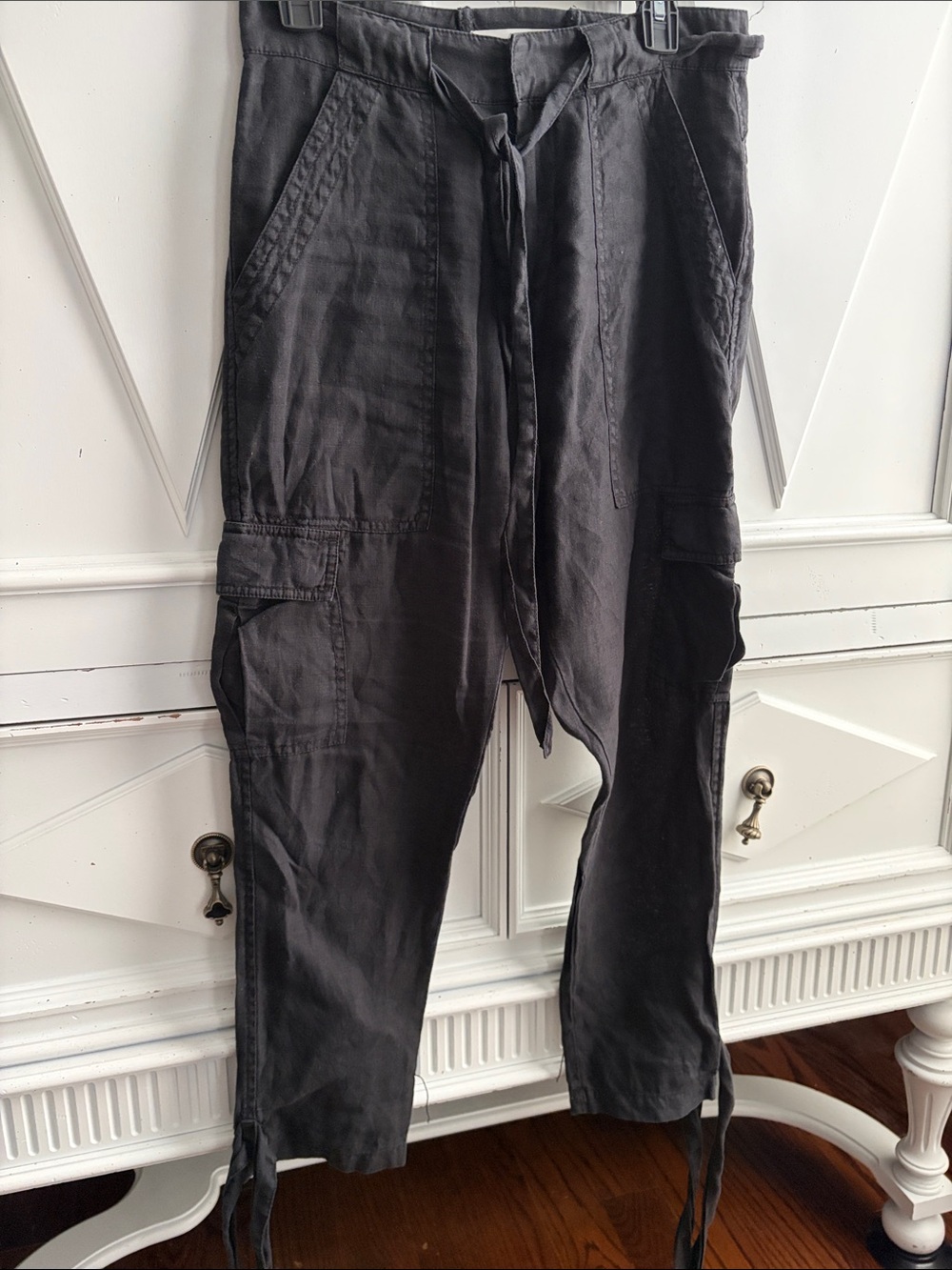 100% linen black, self tie, cargo pants